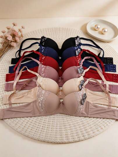 6 piezas Sujetador de mujer, sujetador push-up, copa B, 6 colores, copa de masaje cómoda de 3/4, cierre de tres ganchos, decoración de lazo, ribete de encaje, tirantes ajustables, sujetador de color liso, sujetador push-up sexy y cómodo.