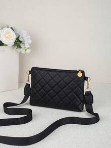 Bolso cruzado minimalista de moda de un solo hombro 2026, bolso cuadrado pequeño con textura de rombos, combinado con herrajes dorados, diseño de múltiples compartimentos - Negro - Ver 4