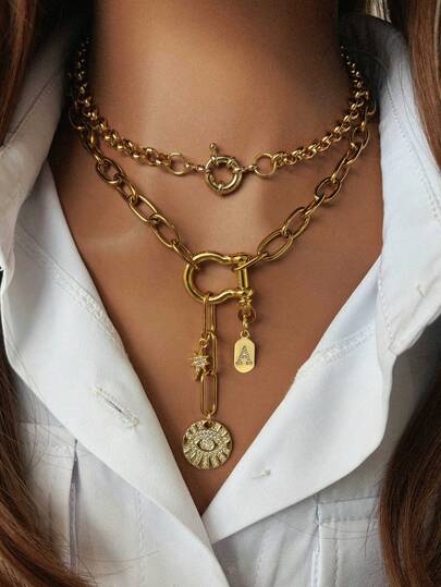 1pc Women's Gold Pendant Necklace, Features Include 26 Letter Tag, Horseshoe Clasp, Donut Clasp, Octagon Star Pendant And Evil Eye Pendant. Elegant And Fashionable Design, Suitable For Daily Wear And An Excellent Gift
