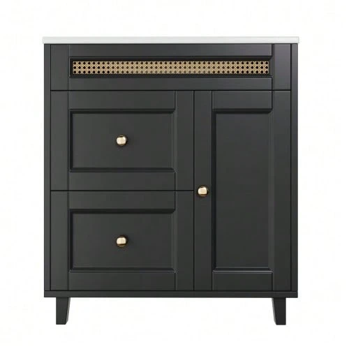 Freestanding Bathroom Vanity Unit 76x46x86.5cm, Double Silent Drawer Slides, Cabinet Doors With Soft-Close Function, Gold Handles And Rattan Decorations, Ceramic Washbasin, Black. - 黑色 - 查看 1