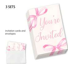 Bộ 1/3/5 Thiệp mời sinh nhật nơ hồng, Thiệp mời sinh nhật bé gái, Thiệp kèm phong bì, Thiết kế hai mặt - A - Xem 9