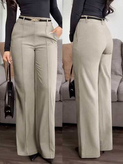 Jisfaneya Solid Color Beltless Button Zipper Pocket Suit Fabric Light Khaki Straight-Leg Pants Commuter Elegance Office Daily Casual Versatile Spring/Summer Straight-Leg Pants