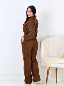 Women's Corduroy Velvet Set With Jacket And Pants - Comfort And Style - Camel - View 2
