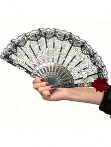 Vintage Spanish Flamenco Rose Lace Folding Fan - Elegant Black Handheld Fan, Perfect For Party And Wedding Decorations, Room Decor For Men And Women - 1PC - Xem 1