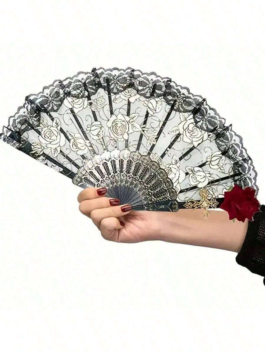 Vintage Spanish Flamenco Rose Lace Folding Fan - Elegant Black Handheld Fan, Perfect For Party And Wedding Decorations, Room Decor For Men And Women - 1PC - Xem 1