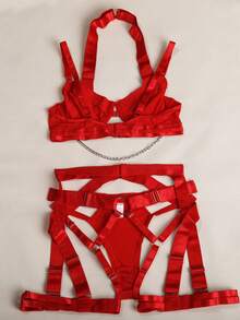 Women's Sexy Lingerie Set, Underwire Push-Up Bra, Garter Belt Set With Chain - Red - View 4