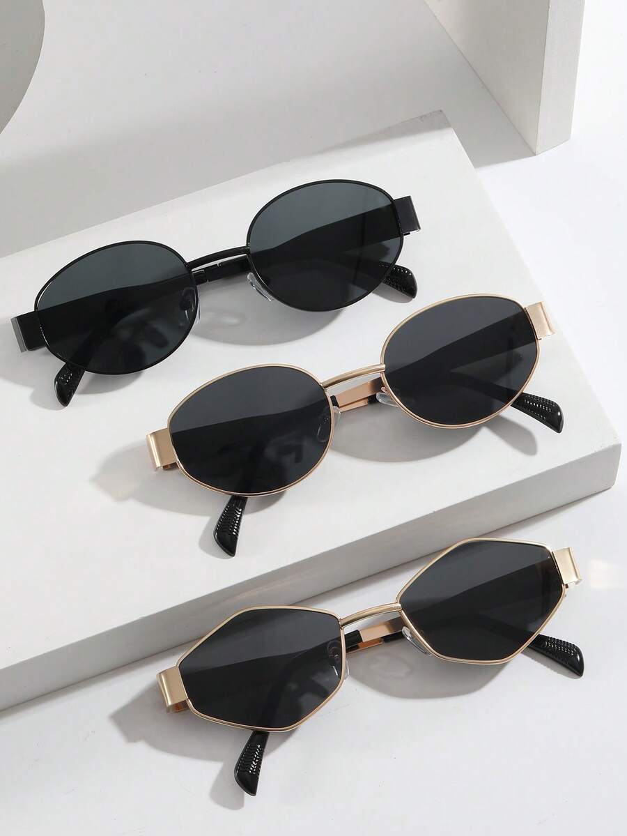 3 piezas Gafas de moda para mujer con marco metálico ovalado, nuevo accesorio decorativo de estilo callejero Y2K - Juego de 3 piezas - Ver 1