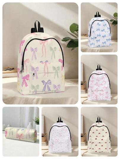1 件彩色蝴蝶结背包，带口袋，拉链开合，适合男孩和女孩，时尚的日常背包，适合学校和户外活动