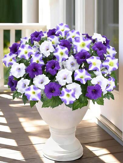 1 bông hoa Petunia giả bằng lụa, chống tia UV, hình dáng sống động như thật, thích hợp trang trí hiên nhà, sân vườn, nhà cửa, ngày lễ, đám cưới, chậu cây, màu tím và trắng.