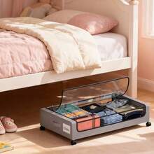 Stozle Under-Bed Storage Box With Wheels, Under-Bed Clothing And Shoe Organizer With Transparent Lid And Label, Under-Bed Storage Box, Rolling Metal Drawer With Removable Lid, Suitable For Storing Clothes, Shoes, Toys, And Blankets.Home Storage Helper. - 2pcs灰色 - 查看 8