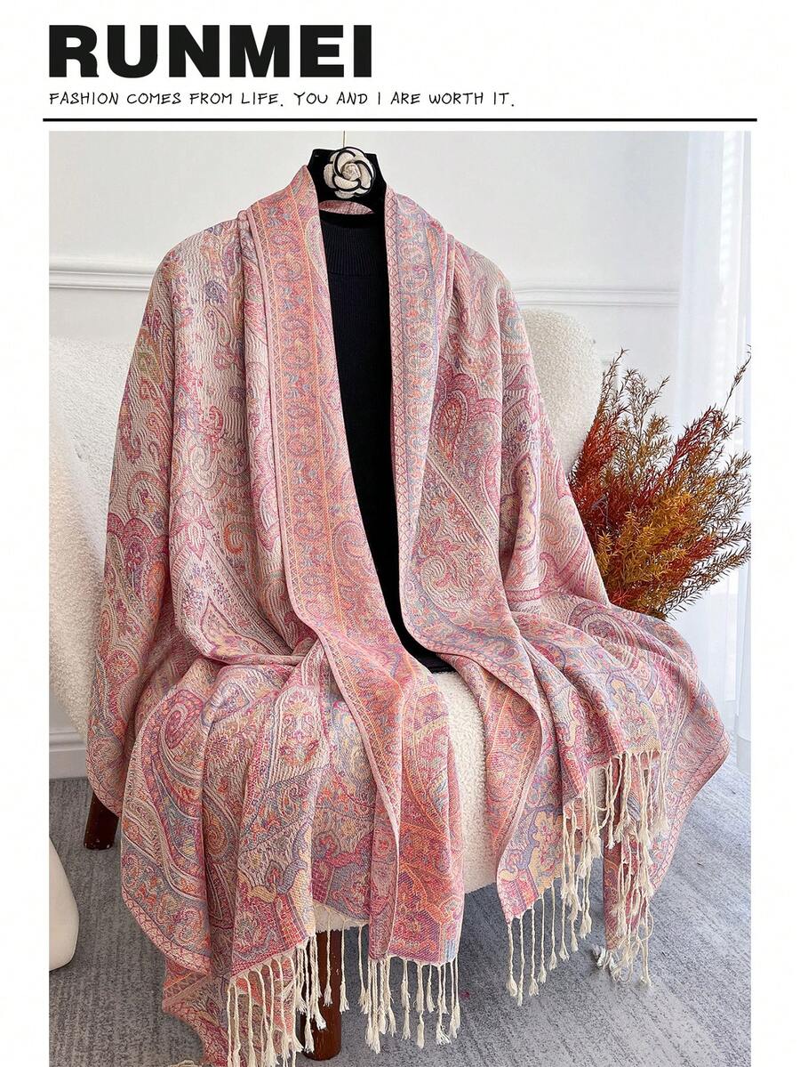1 chiếc khăn choàng/khăn quàng cổ nữ họa tiết Paisley sống động, chất liệu jacquard, đa năng cho trang phục hàng ngày, phù hợp với trang phục mùa đông và mùa thu. - Màu Hồng baby - Xem 1