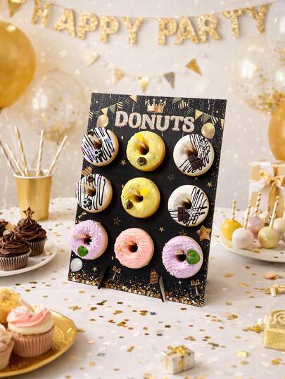 1set Black Gold Wooden Donut Stand, Gold Crown Flag Pattern Donut Cake Holder Board, Birthday Party Donut Display Board, Donut Wall, Birthday Cake Dessert Holder, Wedding Decor, Babe Shower Decoration, Bridal Shower Supplies, Marriage Proposal Supplies, Engagement Ceremony Decor, Coming-Of-Age Ceremony Decoration, Dining Room Table Decor, Kitchen Cooking Stand, Home Decor, Party Favors