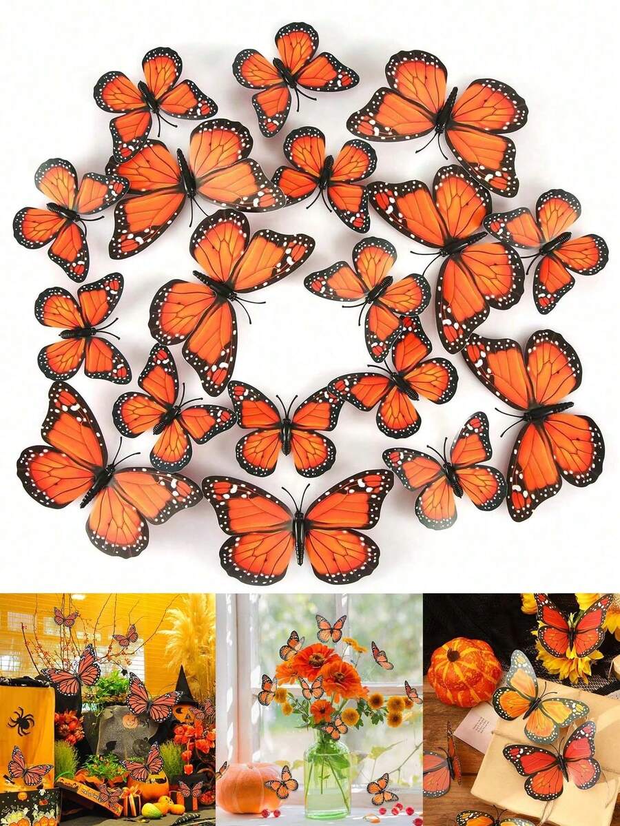 12pcs 3D Monarch Butterfly Wall Stickers - Made Of PVC Plastic, Vibrant Orange And Black Design, Ideal For Wedding, Birthday, Graduation And Holiday Decorations, Butterfly Decor, Room Decor, Bedroom Decor,Party Decorations Home Decor. - Orange - View 1