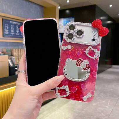 SANRIO 1 pieza Funda de teléfono de lujo con lentejuelas y diamantes, material resistente al agua y a los golpes, con corazón holográfico láser, espejo de gato para maquillaje, cabeza de gato de rhinestone 3D, lazo de rhinestone, anime, lujo, brillo, moda linda, compatible con Apple 17 Series, 11/12/12pro, 13/14/15, 13pro/14pro/15pro, 12pro Max/13pro Max/14pro Max/15pro Max, 16, 16pro, 16pro Max, 17, 17pro, 17pro Max