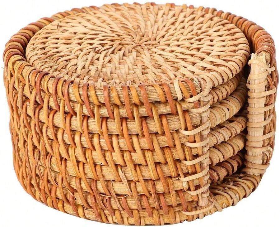 Porta-copos com suporte, Porta-copos para copos com suporte, Porta-copos para copos, Conjunto de porta-copos para bebidas, Porta-copos redondos, Feitos à mão, Corda de algodão grossa trançada, Pacote com 6 - Castanho - Ver 1