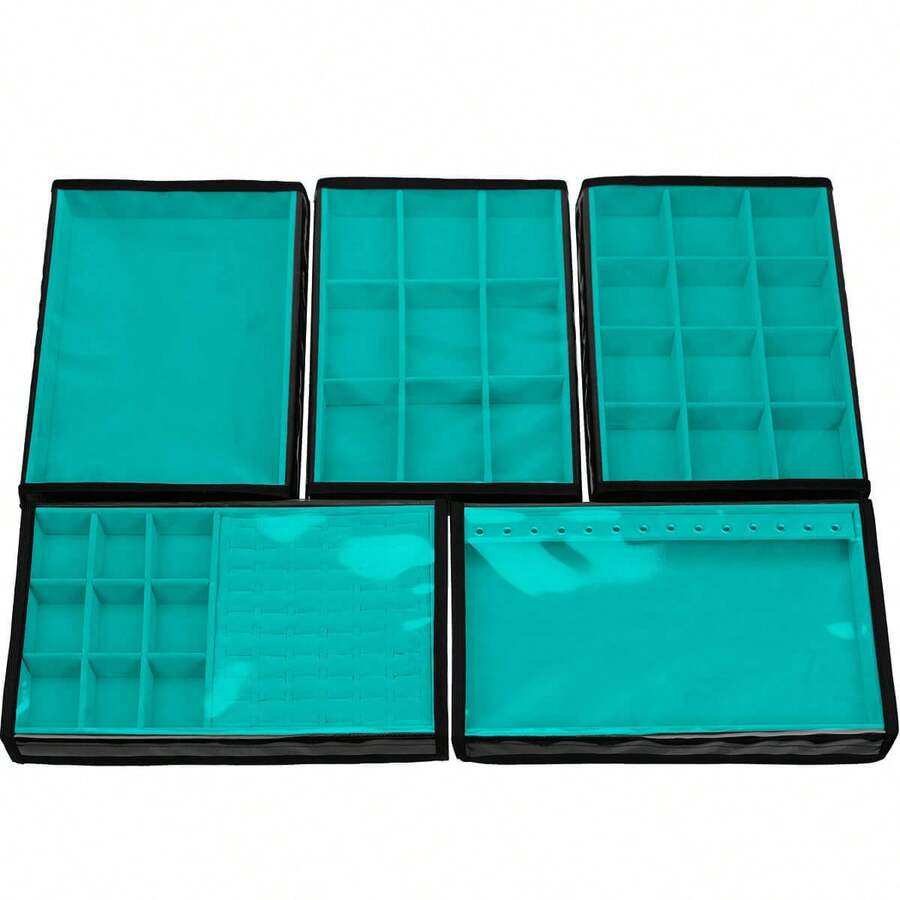 5 Large Jewelry Trays In Velvet Faux Leather (33x22cm) With Cover - 綠松石 - 查看 1