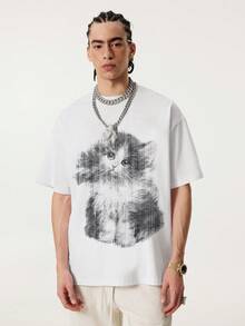 Men's Street Style White T-Shirt With Retro Cat Graphic Print - White - View 4