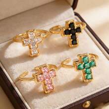 1 chiếc nhẫn hở hình thánh giá bằng đồng đính đá Zirconia tối giản, thanh lịch, thích hợp cho nữ đeo hàng ngày. - Vàng - Xem 2