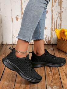 Women's Breathable Mesh Lace-Up Sports Shoes With Fishscale Pattern, Minimalist Design Suitable For Outdoor Activities - Black - View 3