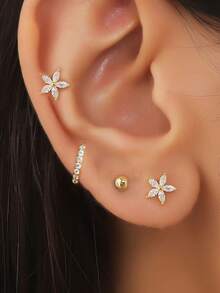 3pcs/Set Pendientes de botón con flor de CZ en forma de U para mujer, pendientes de botón redondos pequeños chapados en oro de 14K, pendientes de cartílago vintage para niñas, adecuados para fiestas, vacaciones, uso diario, regalo de joyería - Oro-1 - Ver 5