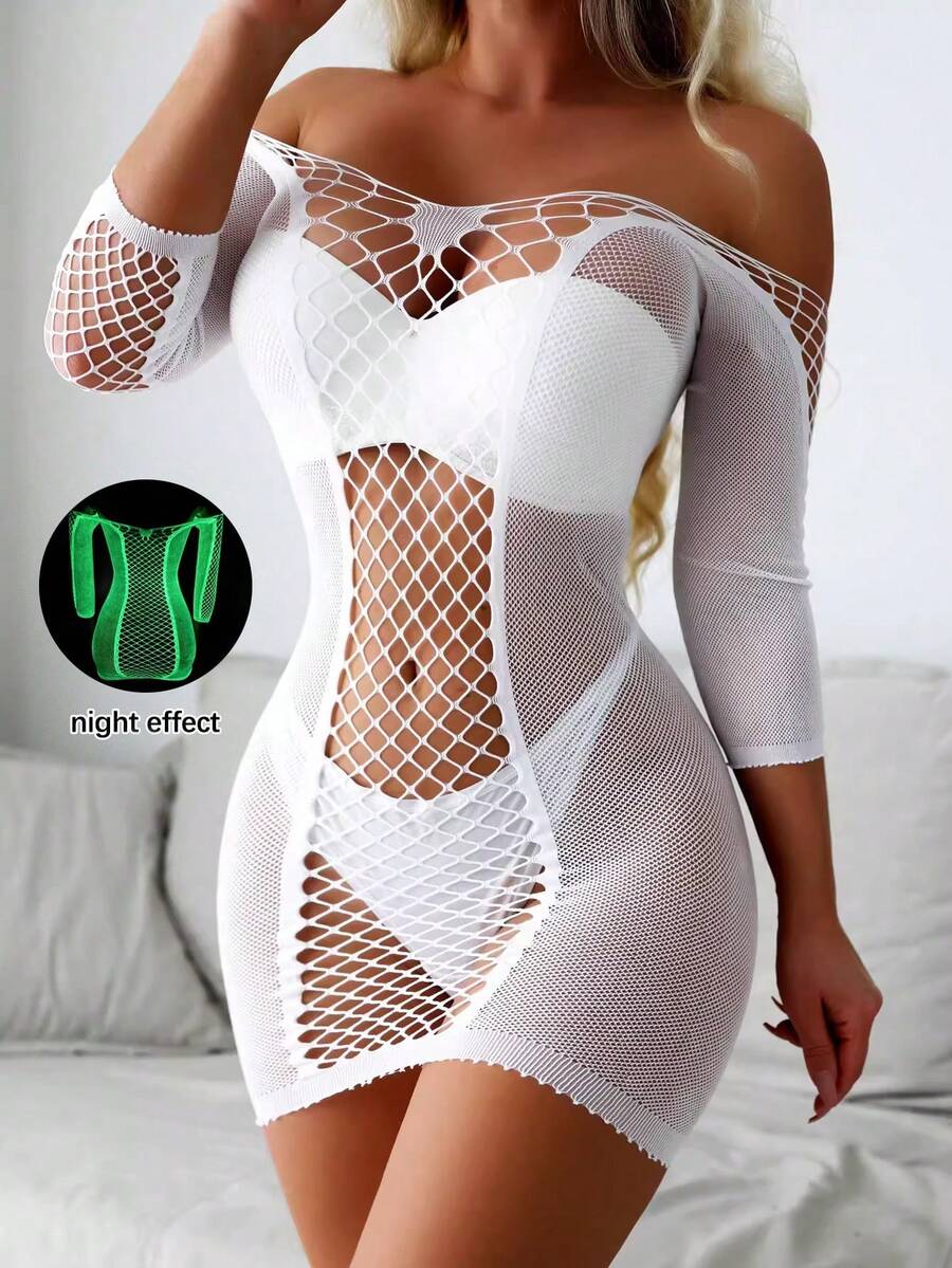 1 pieza Vestido de malla brillante en la oscuridad para mujer, vestido de malla transparente de color verde neón con diseño hueco, vestido de malla y encaje semitransparente y ajustado, adecuado para fiestas, citas de San Valentín y ocasiones especiales - Blanco - Ver 1