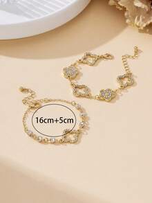 Set de 2 pulseras lujosas con diseño hueco de trébol y pentagrama en dorado brillante, elegante para usar en capas para mujeres - Amarillo Oro - Ver 7