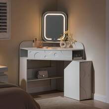 CLIPOP Large LED Dressing Table With Mirror, Dressing Table With Glass Top, Adjustable Brightness, Dressing Table With Sockets, Cosmetic Table With 3 Drawers And 1 Cabinet, White - 查看 3