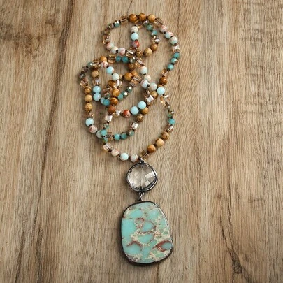 1 chiếc vòng cổ phong cách Bohemian cổ điển mùa xuân mới, làm từ đá tự nhiên và hạt thủy tinh, mặt dây chuyền hình vuông nối liền bằng thủy tinh dành cho nữ.