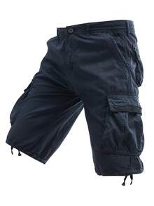 Plus-Size Men's Solid-Color Pure Cotton Fashionable Casual Campus College Style American High Street Outdoor Mountain Tactical Style Workwear Shorts - 藏蓝色 - 查看 1