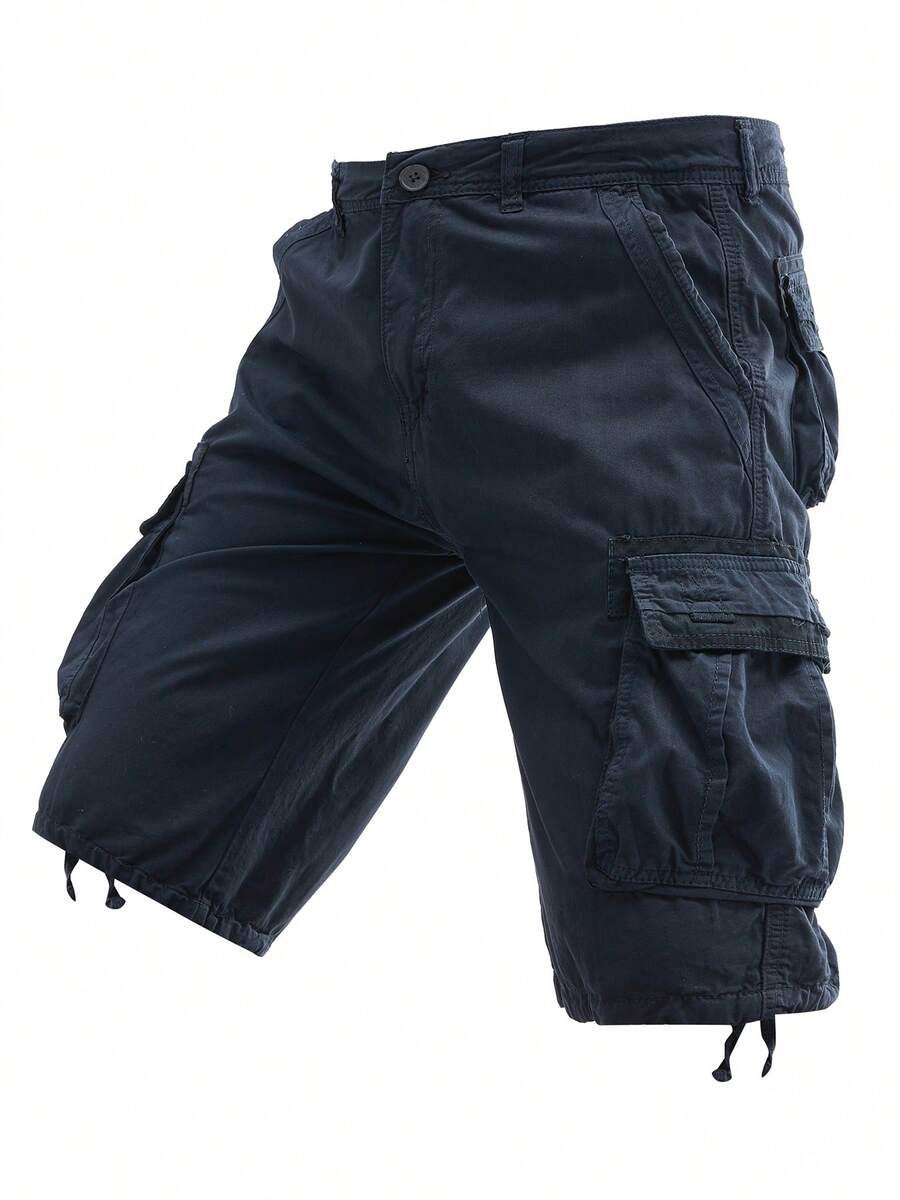 Plus-Size Men's Solid-Color Pure Cotton Fashionable Casual Campus College Style American High Street Outdoor Mountain Tactical Style Workwear Shorts - 藏蓝色 - 查看 1