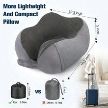 Memory Foam Travel Neck Pillow For Airplane, Adjustable Snap Buttons, Foldable Compact Design With Carry Bag, Washable Velvet Cover, Flat Back Support For Car, Train, Home Use - Grey - View 2