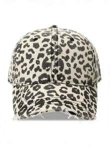 Unisex Leopard Print Distressed Denim Baseball Cap - A - View 3