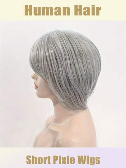 8英寸灰色短直发假发，混合真人发丝材质，优雅短波波头造型，自然舒适，适合日常佩戴和角色扮演，短直刘海灰色假发，易于造型和佩戴，男女皆宜，新手友好实用。
