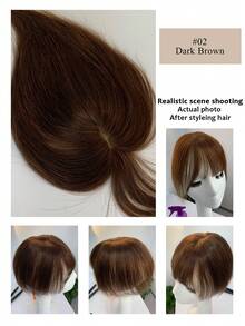 Straight Human Hair Toppers For Women Size 5*9 Cm- Middle Part With Bangs, Gradient Blonde To Brown, Real Hair Pieces For Volume & Length Enhancement, Styling Versatility - Dark Brown - View 6