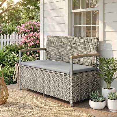 Outsunny Gartenbank Polyrattan 170L 2-Sitzer Sitzbank mit Stauraum abnehmbar Kissen Reißverschluss-Innenauskleidung Holz-Armlehnen, Wetterfest Truhenbank für Werkzeuge Sitzkissen Hellgrau