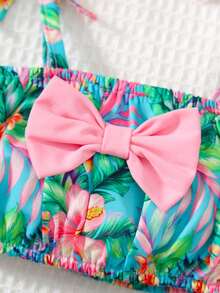 Set de 3 piezas de camiseta de tirantes, bralette y pantaleta con estampado a cuadros lindo y casual para bebé/niña pequeña con gorro - Multicolor - Ver 5