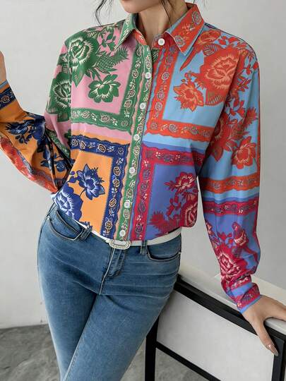 1pc Women's Shirt, All-Over Printed Design, Collared, Long Sleeve, Single-Breasted, Casual Blouse, Elegant Outerwear - Breathable & Comfortable, Suitable For Beach, Work, Daily Wear, Party, Wedding, And An Ideal Gift For Girlfriend, Wife, Mother, Mother's Day