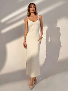 Vestido de tirantes de unicolor y elegante con escote en V, minimalista y versátil para la playa, vacaciones de verano, uso diario casual y salidas de ocio - Amarillo claro - Ver 8