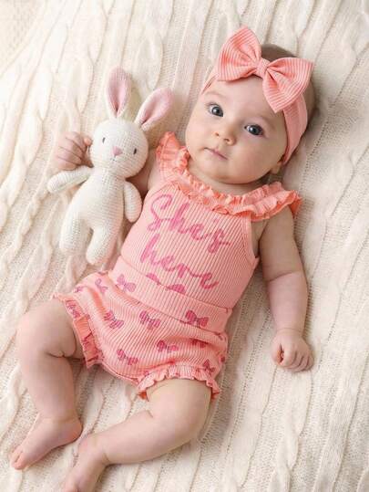 2pcs Baby Girls' Cute & Comfy Floral Print Romper + Shorts Set, Lightweight Summer Outfit