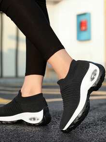 Women's All-Season Sports Anti-Slip Shock-Absorbing Running Casual Shoes, Knitted Mary Jane, Plus Size, Suitable For Business Driving - Black and White - View 4