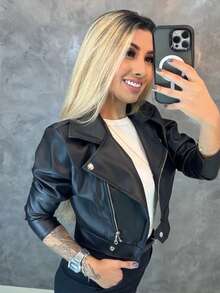 Women's Casual Biker-Style Jacket In Black PU Leather, Featuring Regular Long Sleeves, A Zipper Closure, And Pockets. - màu đen - Xem 3