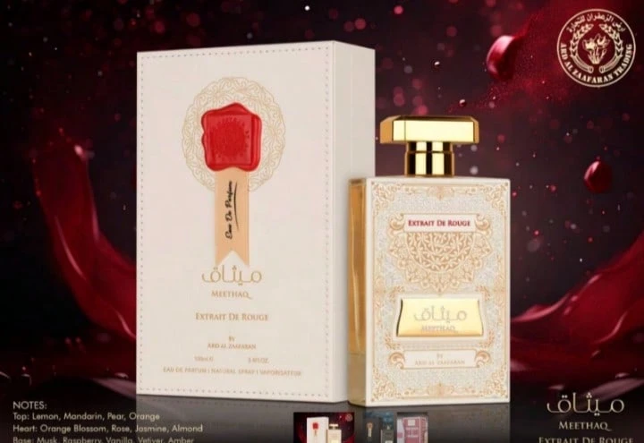 Meethaq Extrait de Rouge de Ard Al Zaafaran es una fragancia de alta calidad en formato de 100 ml, diseñada para quienes buscan una experiencia olfativa intensa y duradera. Este perfume combina notas vibrantes y sofisticadas, ideal para ocasiones especiales o para quienes desean dejar una impresión memorable. - Floral , fresco y citricos - Ver 1