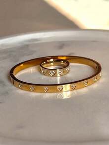 1/2pcs Stainless Steel 18K Gold Plated Heart Shaped Bracelet & Ring Set, Rhinestone Inlaid, Luxury Jewelry Wedding Accessories - Gold - View 16