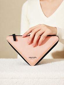 Prada Pink Triangle Shape Large Capacity Cosmetic Bag, Travel Toiletry Organizer Pouch With Zipper - Black and Pink - View 7