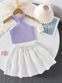 Girls' Ribbed Contrast Collar Purple Solid Color Camisole + Double-Layer White Skirt With 3D Floral Decor, Children Casual Cute 2-Piece Set, Spring/Summer - Lilac Purple - View 2