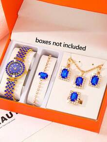 这款六件套女士腕表套装包含一款镶嵌蓝宝石水晶的奢华蓝色手镯腕表和一条合金手链。套装包括手链、项链、耳环和戒指，适合日常佩戴，也是一份完美的母亲节礼物。 - 彩色 - 查看 12