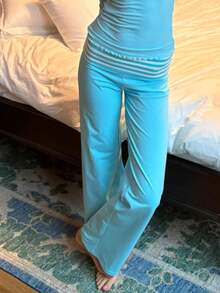 Womens Striped Summer Lounge Pants Matching Beach Vacation Travel Y2k - Màu xanh lam - Xem 2