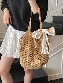 Y2K Style Large Capacity Fashion Woven Tote Bag - Hollow Shoulder Bag, Women's Beach Bag, Crochet Woven Beach Bag, Women's Knitted Shoulder Bag, Summer Crochet Bag, Women's Beach Bag, Hollow Handmade Woven Bag For Women Summer Casual Oversized Straw Bag Beach Holiday Shoulder Tote Bag, Bohemian Summer Holiday Women Tote Bag - Multicolor - View 7