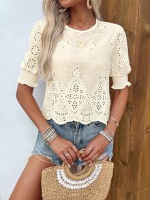 Blusa de mujer primavera/verano de tela unicolor con bordado floral y manga elástica tipo loto - Albaricoque - Ver 4
