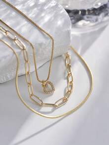 3-Layer Stacked Paper Clip Chain, Heart Shaped Cubic Zirconia Pendant Necklace Set - Yellow Gold - View 3